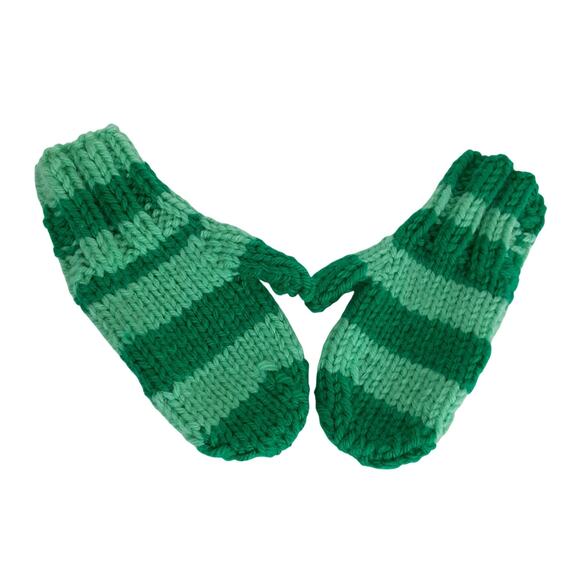 Vintage Handmade Crochet Mittens Kids M 2pc Green Stripe Winter Gloves - Picture 3 of 6
